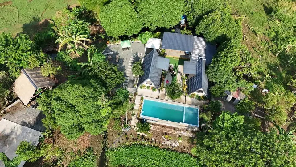 Aerial view of the resort, pool and surrounding trees